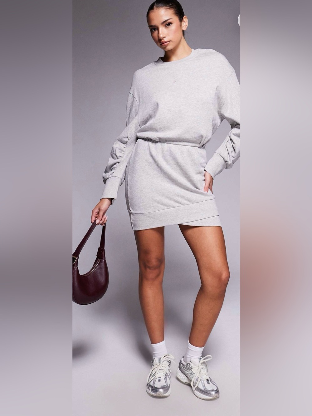 ASOS DESIGN COTTON WRAP OVER MINI SWEATSHIRT DRESS IN HEATHER GRAY